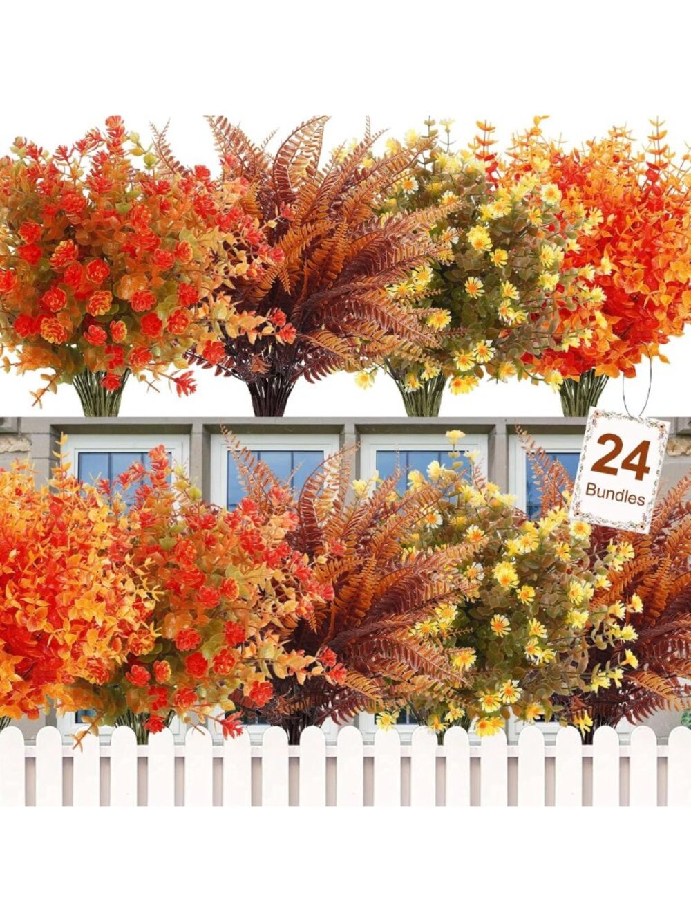 24 Bundles Artificial Fall Flowers - UV Resistant Faux Mums & Ferns for Home